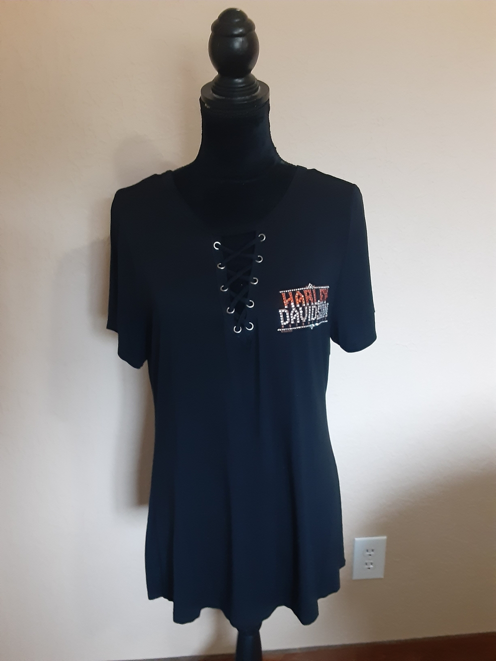 Harley-Davidson Black Lace-Up Short Sleeve Tee with Rhinestone Logo